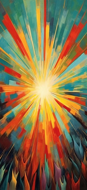 A painting of a bright blue and orange starburst with the word god on it.