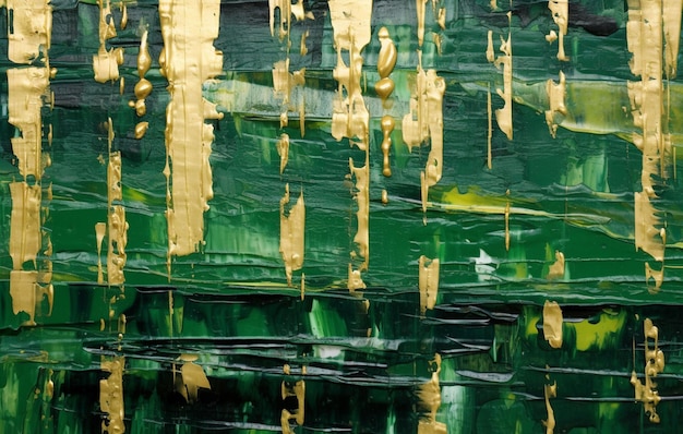 Photo a painting of broad green paint strokes orthogonal with lines of thin shiny gold splatters in an off