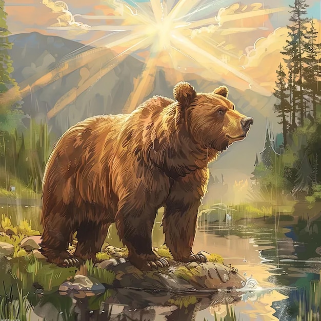 A painting of a brown bear standing on a rock