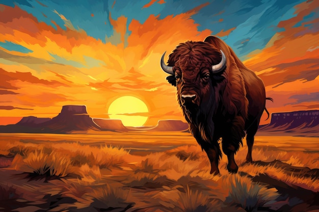 Painting of a brown buffalo walking towards an Arizona desert sunset