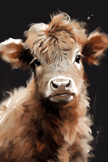 A painting of a brown cow with a black background.