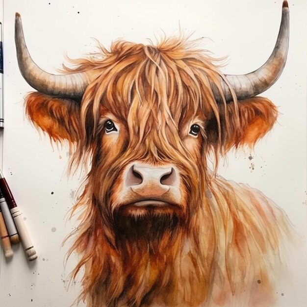 painting of a brown cow with horns and long hair generative ai