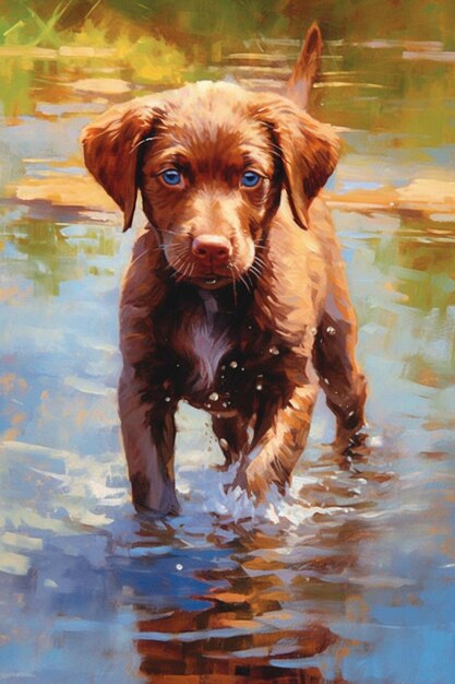 Картина коричневой собаки, бегущей по водоему