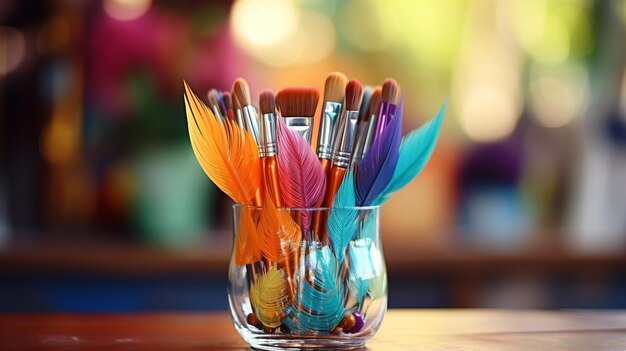 Photo painting brush brushes in a glass cup