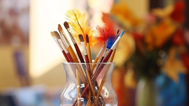 Photo painting brush brushes in a glass cup