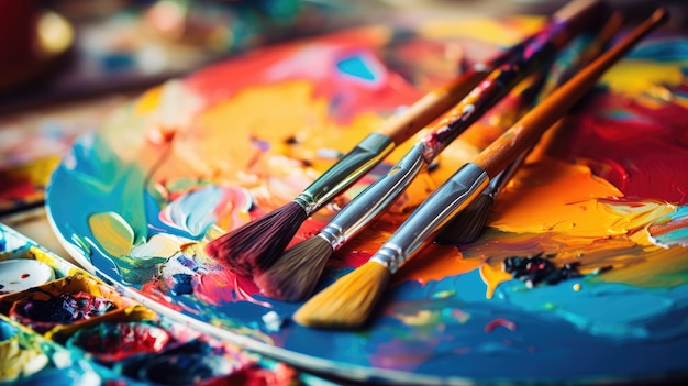 a painting of brushes with a colorful background.