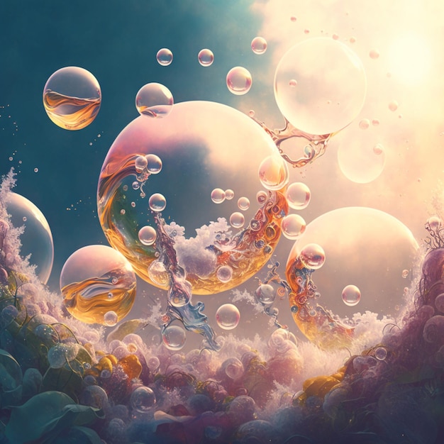 A painting of bubbles with the sun shining on them.