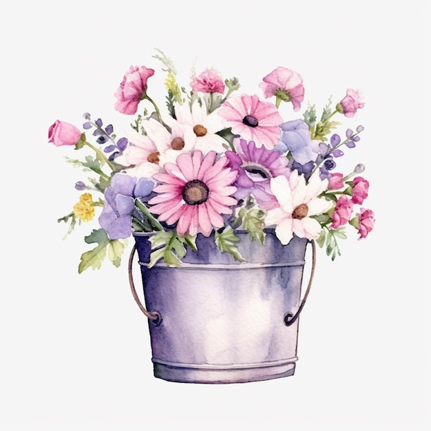 A painting of a bucket of flowers with a purple and pink flower in it.