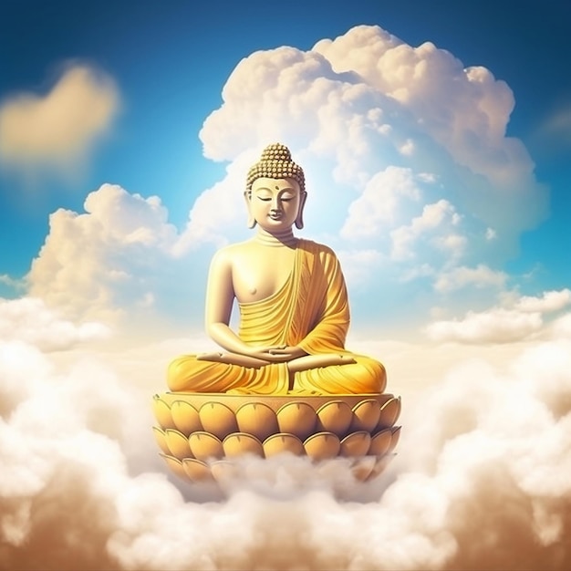 A painting of a buddha in the clouds