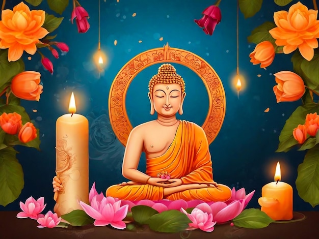 a painting of buddha sitting in front of a burning candle