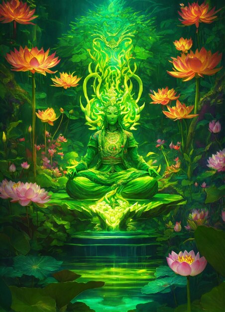 a painting of a buddha sitting in front of a lotus flower