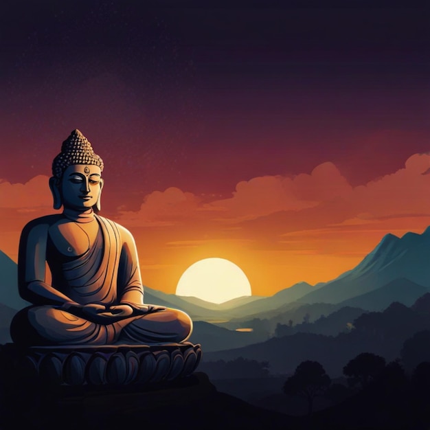 Картина Будды, сидящей перед закатом солнца