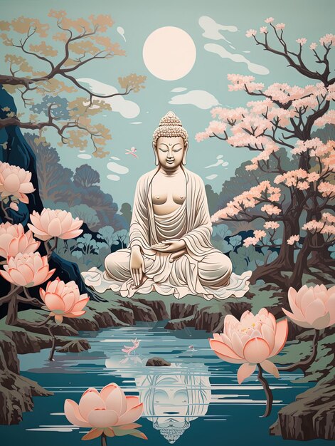 a painting of a buddha sitting in front of a tree with pink flowers