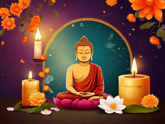 a painting of a buddha sitting in front of a wall with candles and flowers