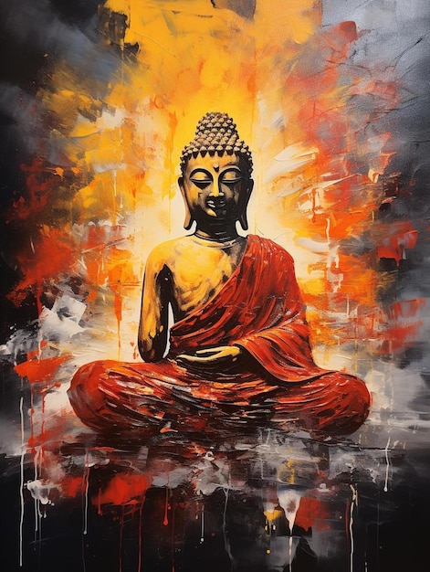 a painting of buddha sitting in a lotus position.