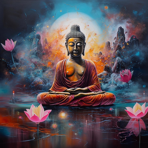 A painting of a buddha sitting in a pond with pink flowers.