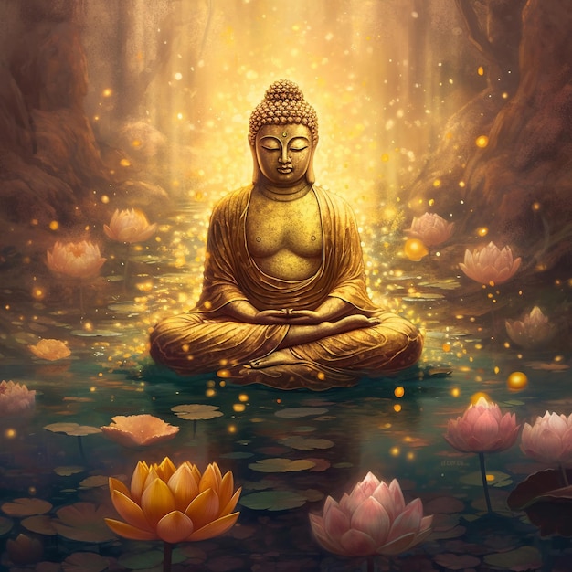 睡蓮と花が咲く池に坐る仏陀の絵。