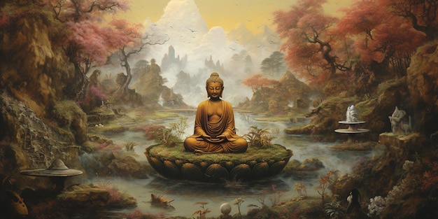 Painting of a buddha statue sitting on a lotus flower in a forest generative ai