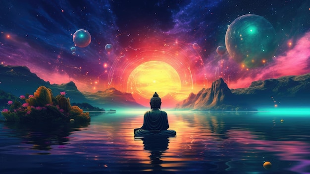 A painting of a buddha in the water with the universe in the background