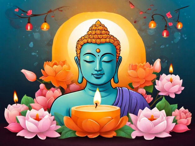 a painting of a buddha with a candle in the background