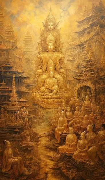 A painting of a buddha with a crowd of people around it.