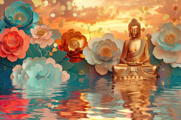 Photo a painting of a buddha with flowers and buddha statue