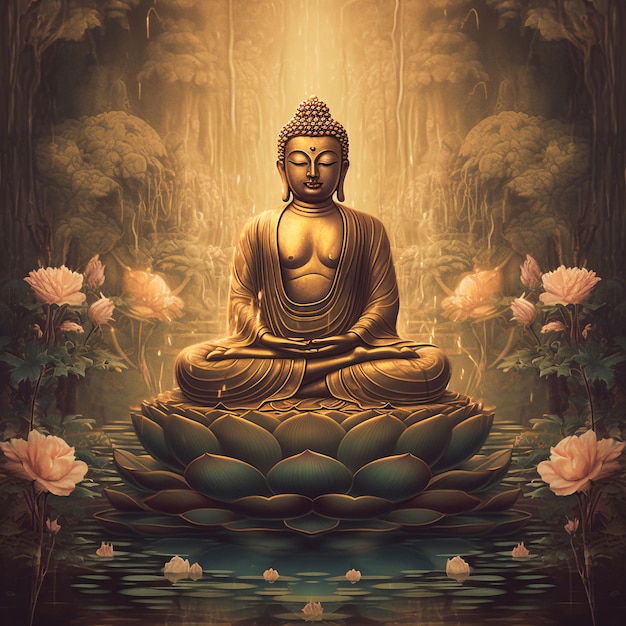 A painting of a buddha with a gold statue in the middle.