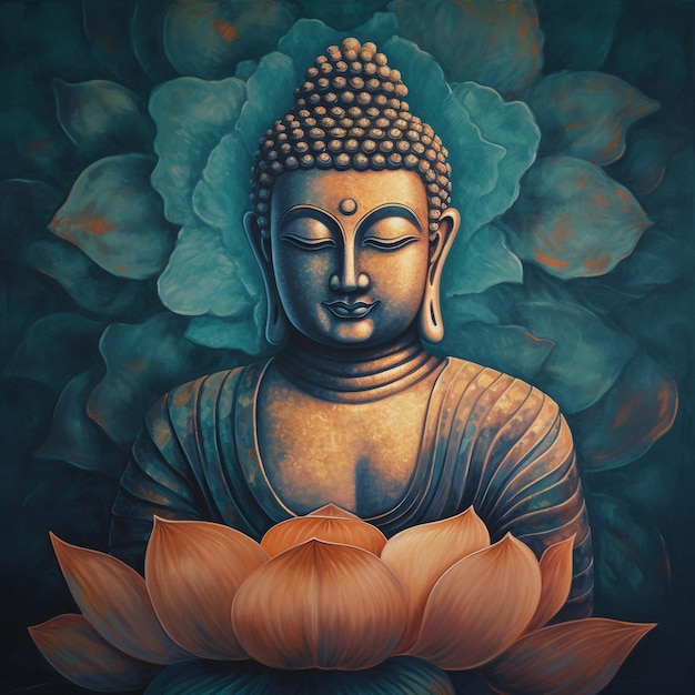 A painting of a buddha with a lotus flower in the center.