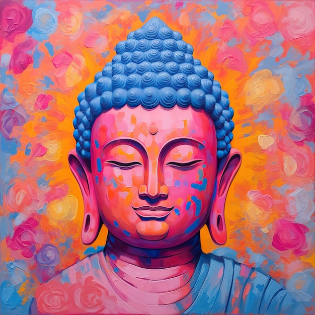 Foto un dipinto di un buddha con colori rosa e blu.