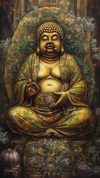 A painting of a buddha with a pink stone on the front.