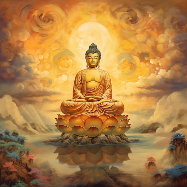 A painting of a buddha with the sun shining on it