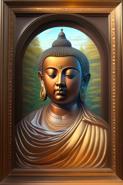 A painting of buddha with the title buddha on the left.