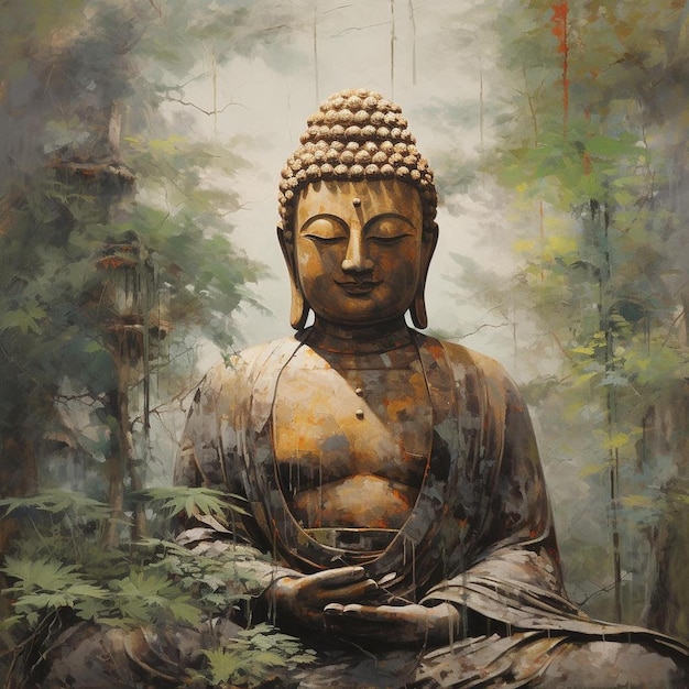 a painting of a buddha with a tree in the background.