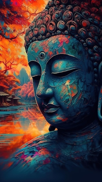 Картина Будды со словами Будда на лице.