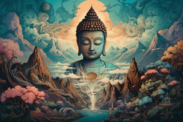 A painting of a buddha with the words buddha on the left side.