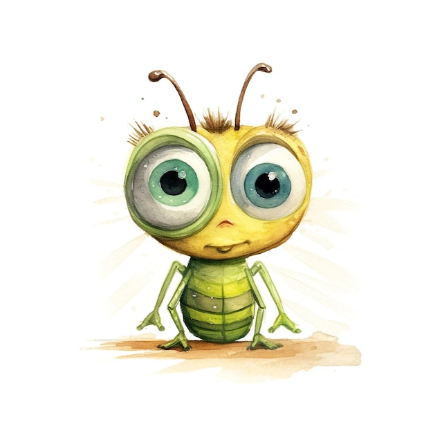 A painting of a bug with big eyes and a green head.