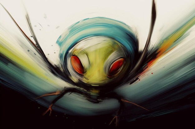 Painting of a bug with red eyes and a blue head generative ai