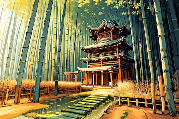 A painting of a building in a bamboo forest