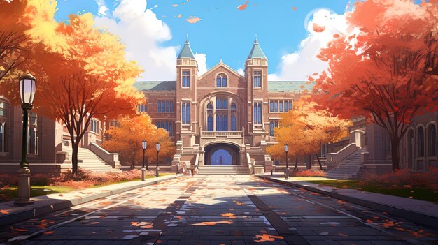 a painting of a building with a blue sky and a building with a sign that says  fall