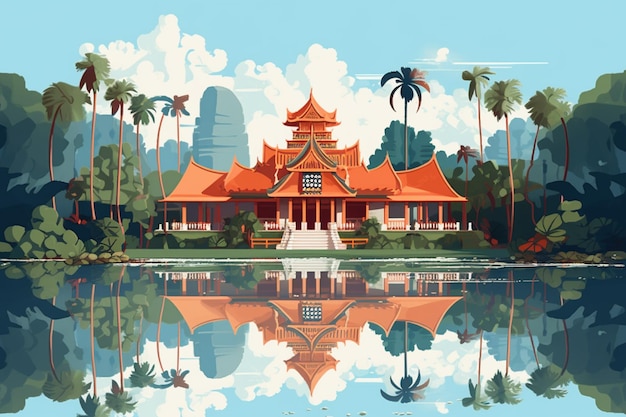 A painting of a building with a blue sky and palm trees in the background.