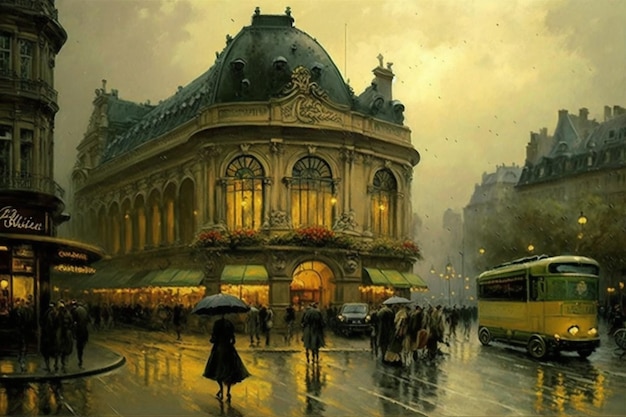 A painting of a building with a canopy and people walking in the rain.