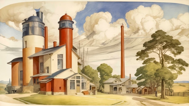 A painting of a building with a chimney and trees