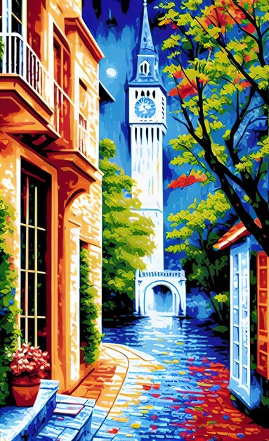 A painting of a building with a clock on it