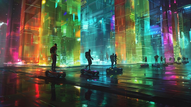 a painting of a building with a colorful background