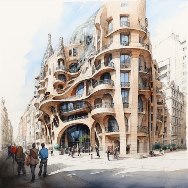 painting of a building with a curved facade and a man walking down the street generative ai