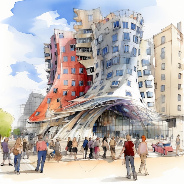 painting of a building with a curved structure and people walking around generative ai