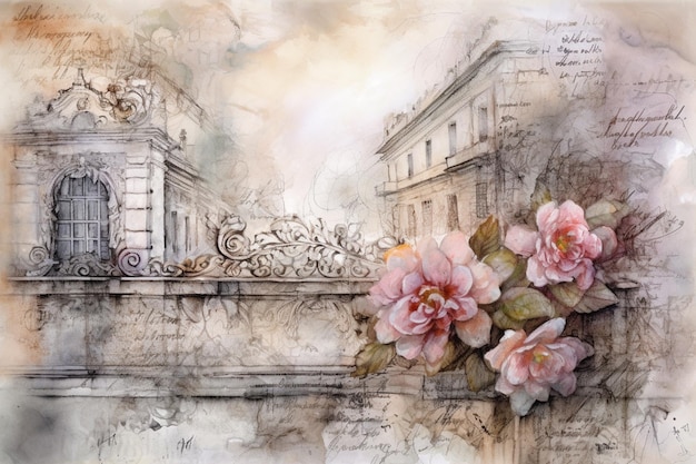 A painting of a building with flowers on it