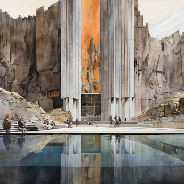 painting of a building with a large orange wall and a pool generative ai