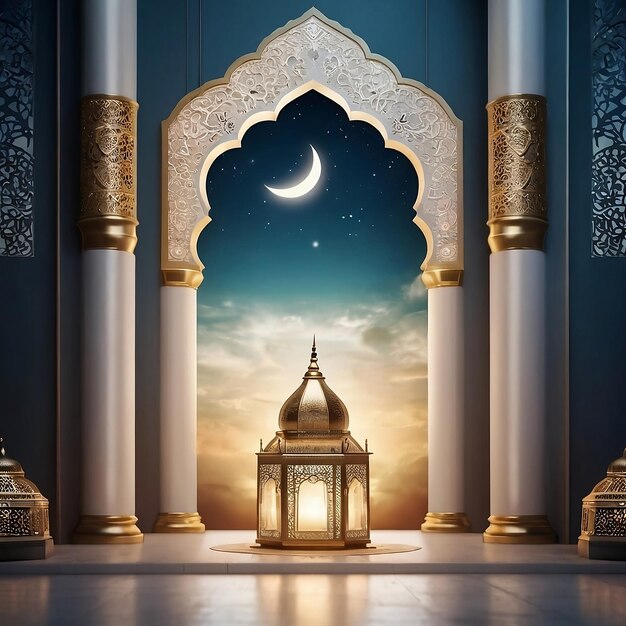 Foto un dipinto di un edificio con una luna e una moschea sul muro