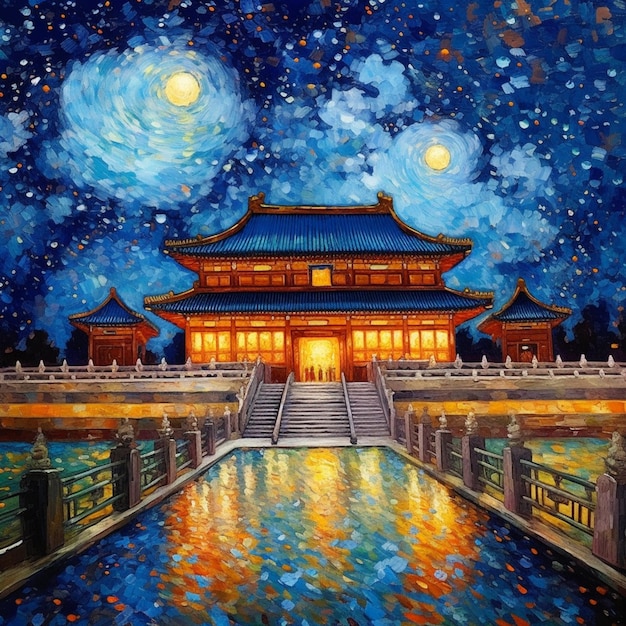 A painting of a building with the moon in the sky